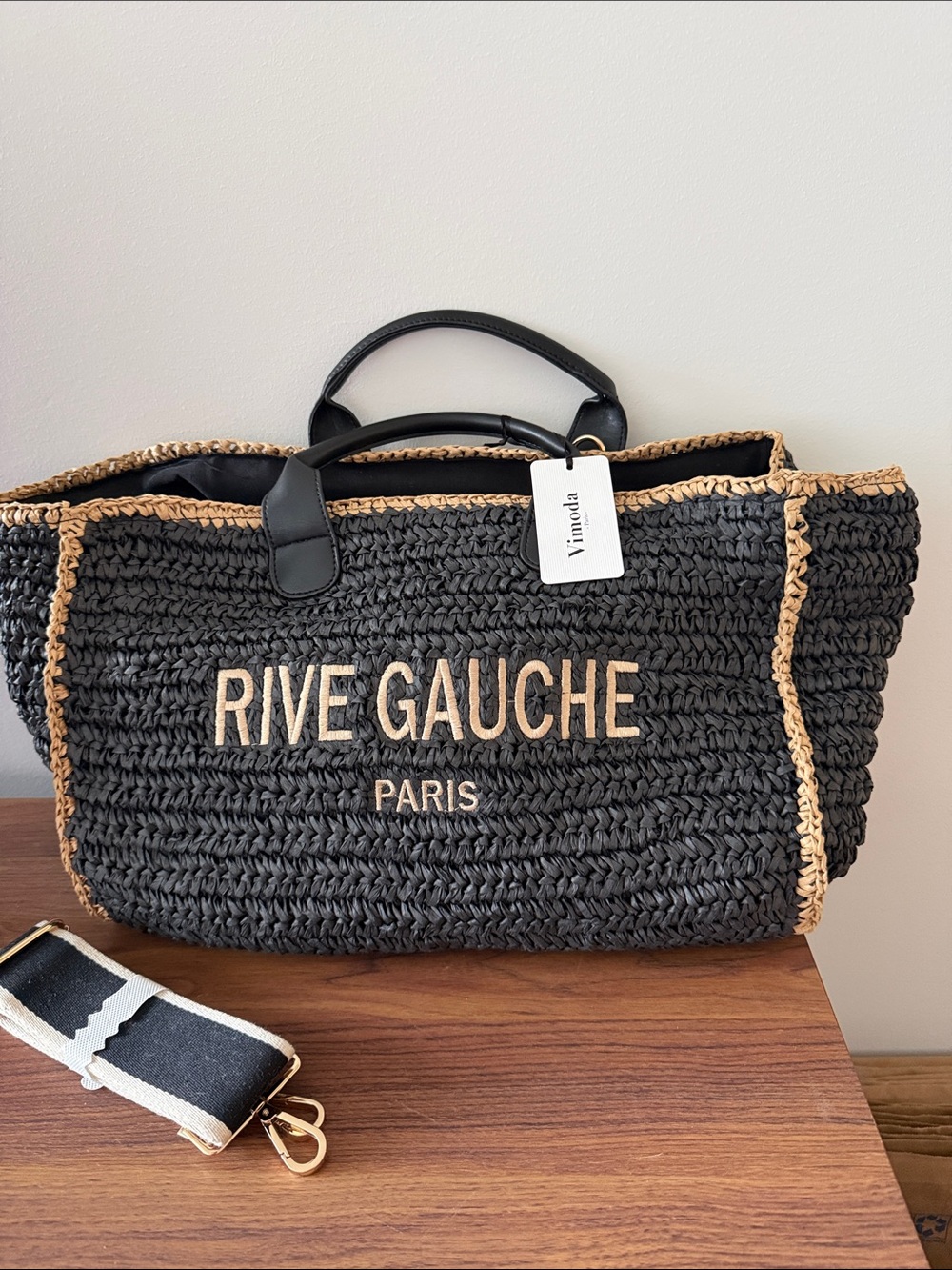 NWT Vimoda Paris Rive Gauche Black Woven Raffia Tote Bag With Cross Body Strap.